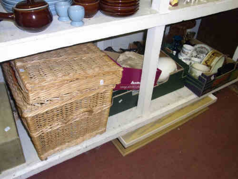 Bronze Effect Groups, Glass Paperweights, Glass and China, Picnic Basket and Two Pictures etc