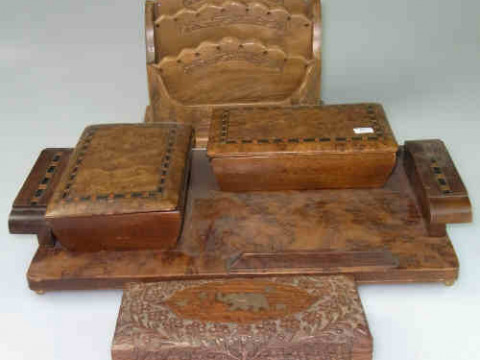 Inlaid Walnut Desk Tidy, Carved Wood Letter Rack and Indian Carved Wood...