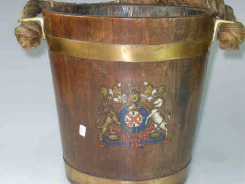 Oak and Brass Bound Vintage Fire Bucket with Rope Twist and Leather Clad...