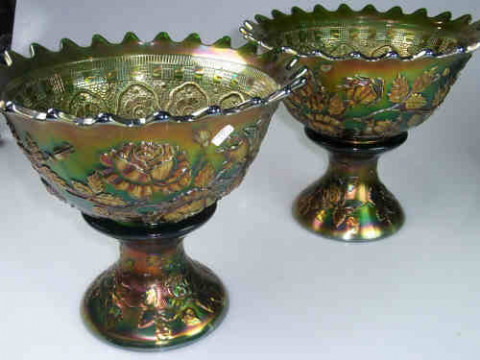Pair of Large Carnival Glass Bowls on Stands with Leaf and Floral Design