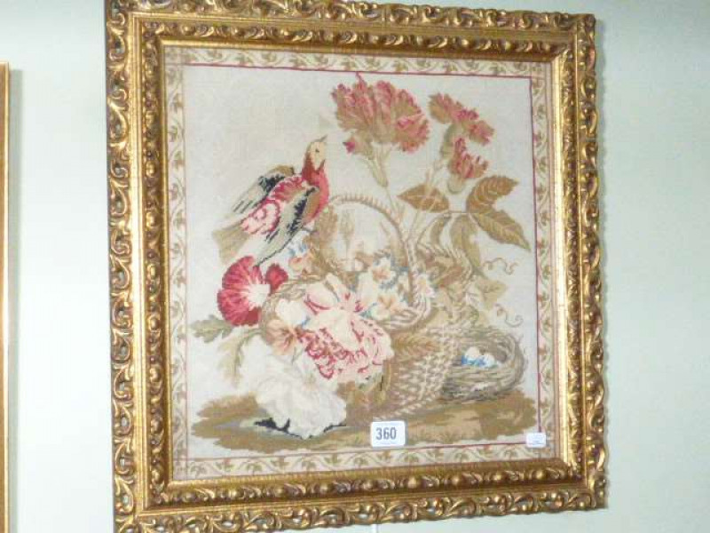 19th century gilt framed needlework of bird and basket of flowers