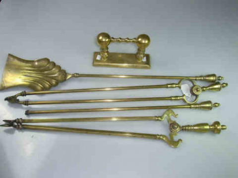 Four Victorian Brass Fire Irons and Dog