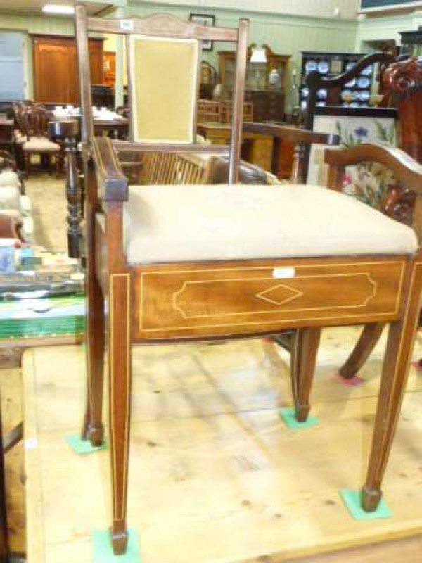 Edwardian inlaid mahogany elbow chair and Edwardian inlaid mahogany piano stool (2)