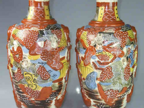 Pair of Japanese Pottery Vases with Figure Decoration