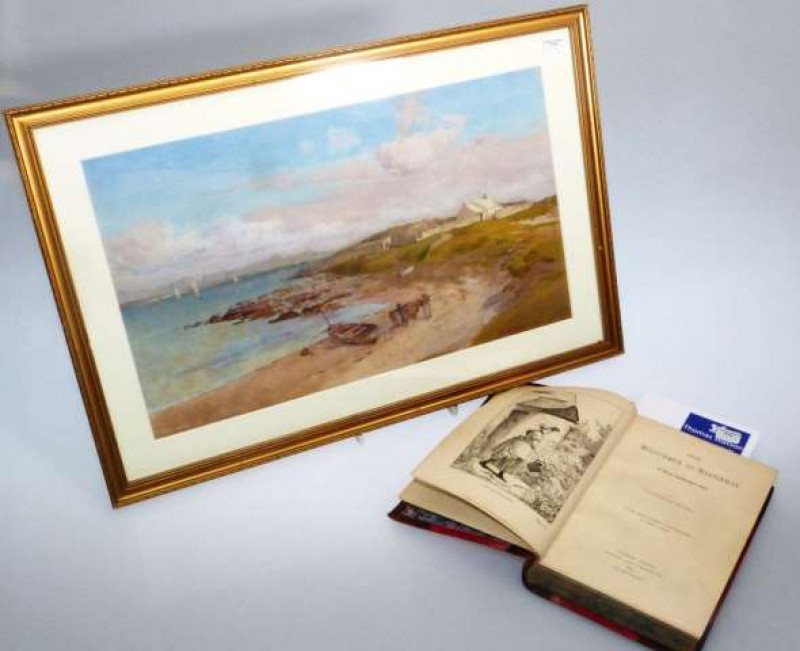 CUTHBERT RIGBY (1850-1935) Figures carrying fishing nets to a boat on the beach Signed and dated 26 lower right, watercolour, framed, 22cm by 37cm; together with Rigby (Cuthbert), From Midsummer to Martinmas, A West Cumberland Foyl, pub. George Allen, Lon