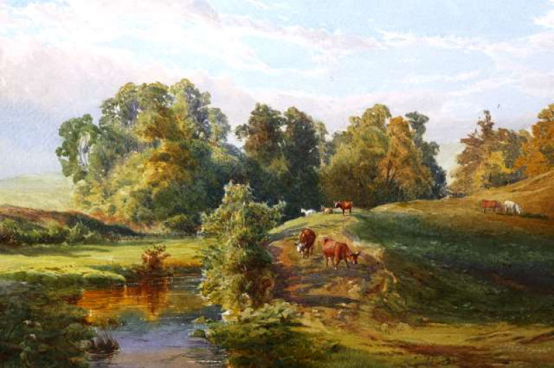 JOHN FAULKNER (IRISH, 1835-1894) Cattle grazing by a river Signed in pencil lower left, watercolour, framed. 30cm by 44cm