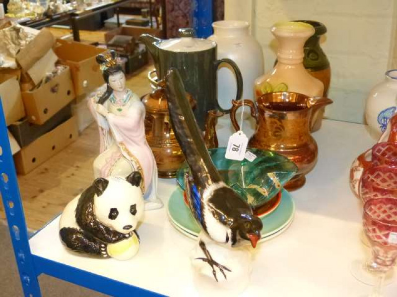 Beswick panda, Russian china bird, copper lustre teapot and jug, Poole pottery, two vases, figure and glass dish