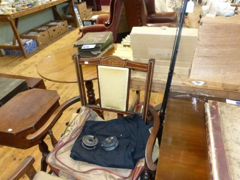 Fishing waistcoat, bag and two fly rods and reels