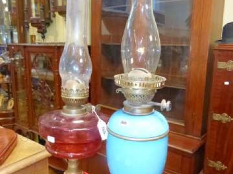 Victorian opaque blue glass oil lamp and ruby reservoir oil lamp (2)