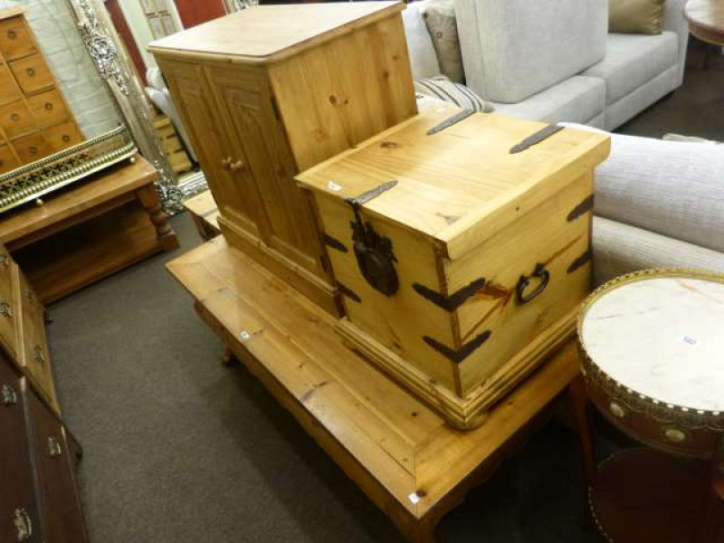 Pair pine storage boxes, pine two door side cabinet and large pine low centre table