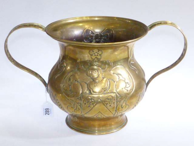 Large chased brass two-handled jardiniere