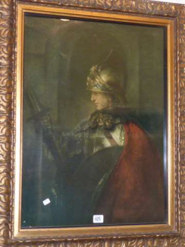 Oleograph of a knight, framed