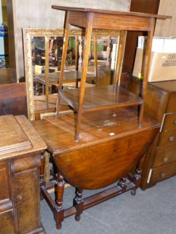 Oak gate leg dining table, occasional table and two gilt framed mirrors