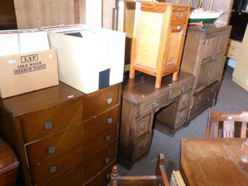 Oak linen fold panel dressing table and linen chest and oak five drawer chest