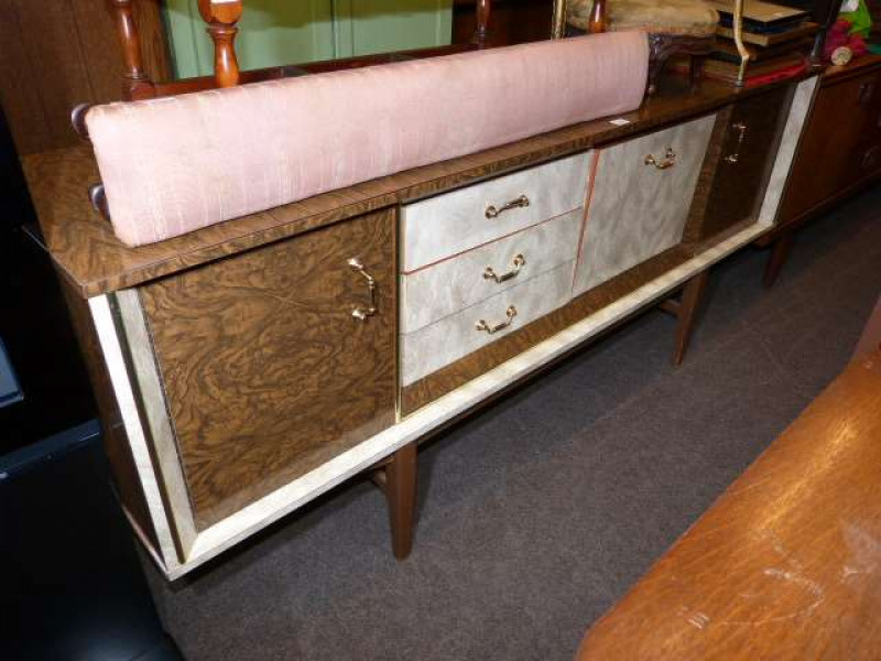 1960's melamine two tone sideboard, drop leaf dining table and four chairs (6)