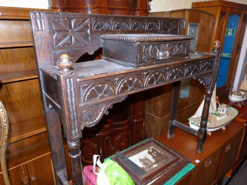 Victorian carved oak hallstand and demi lune hall table (2)