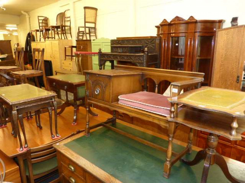 Oak telephone seat, leather inset tripod table, leather inset drop leaf table and rectangular nest of three tables (4)