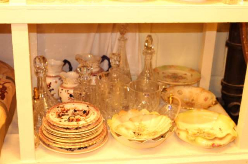 Crown Devon bowls, glass decanters, vase, atomisers, ice bucket, three graduated pottery jugs