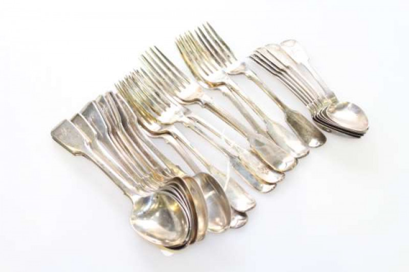 Set of six Newcastle silver teaspoons, nine silver dessert spoons and nine silver forks
