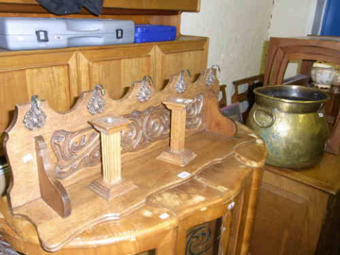 Oak Coat Rack, Brass Coal Cauldron and Pair Oak Candlesticks