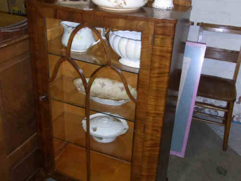 Walnut Single Door China Cabinet, Crown Ducal and Other 1930's China