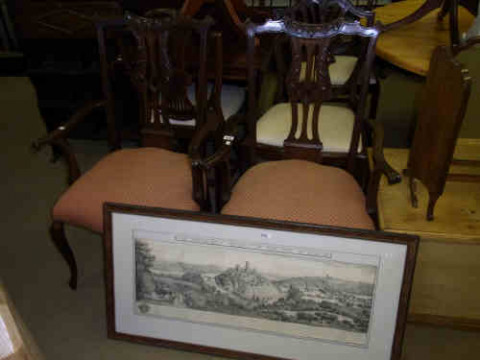 Pair Late Victorian Mahogany Cabriole Leg Elbow Chairs and Framed Print...