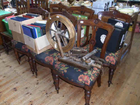 Set of Six Victorian Walnut Turned Leg Dining Chairs and Spinning Wheel