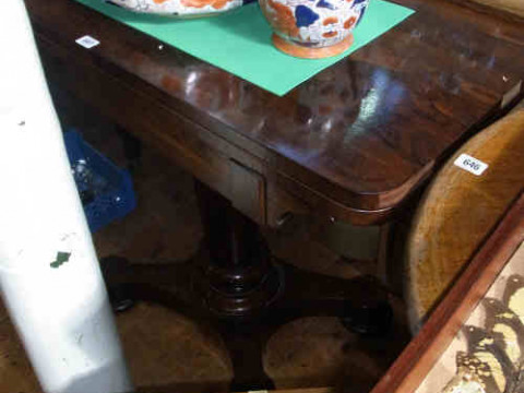 XIXth Century Rosewood Fold-top Card Table on turned pedestal to inverted...