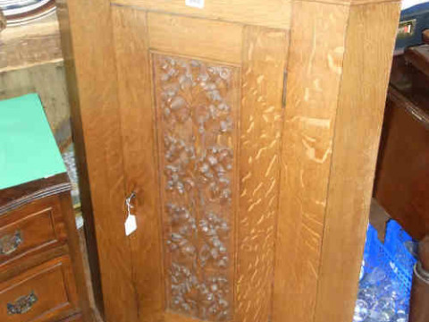 In the Manner of Arthur Simpson Carved Oak Corner Wall Cupboard (woodwormed)