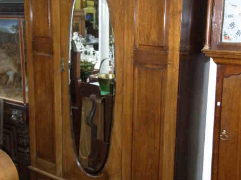 Late Victorian Walnut Oval Mirror Door Wardrobe