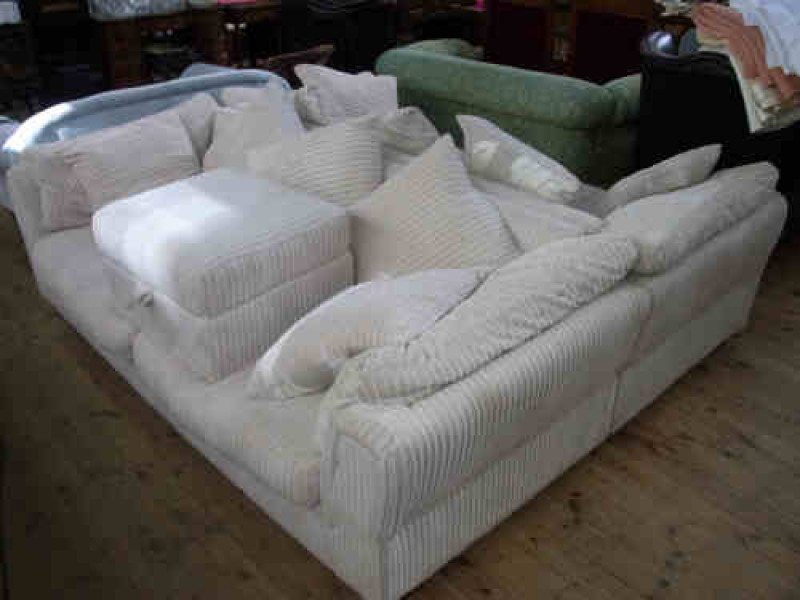 Pair Modern Large Settee's and Box Stool in neutral fabric