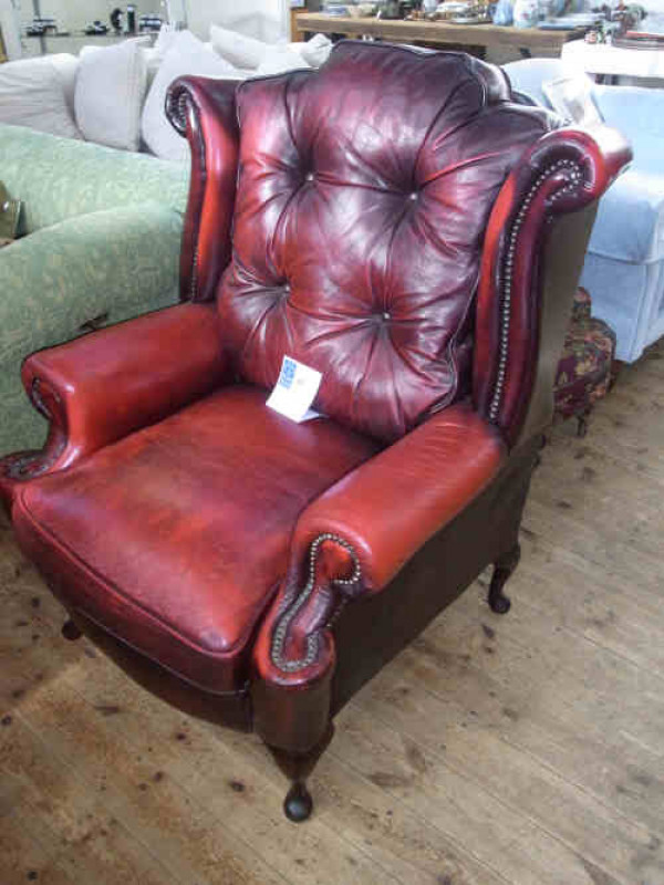 Ox Blood Leather and Brass Studded Georgian Style Wing Back Easy Chair on cabriole legs