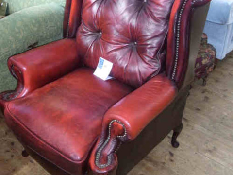 Ox Blood Leather and Brass Studded Georgian Style Wing Back Easy Chair...