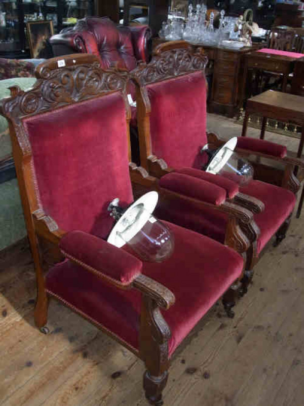 Pair Victorian Carved Walnut Drawing Room Elbow Chairs in burgundy fabric
