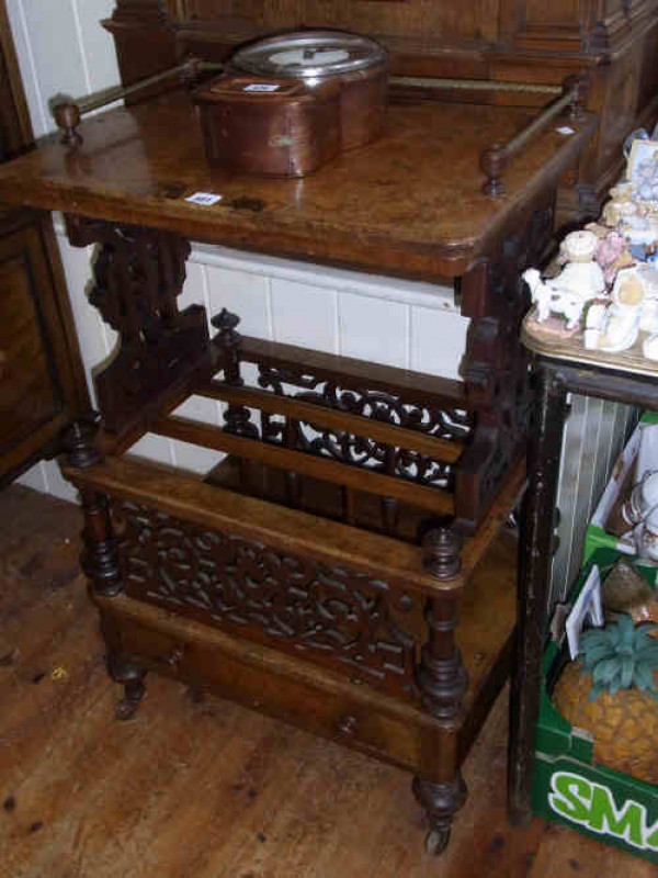 Victorian Walnut Brass Rail Backed Canterbury Whatnot