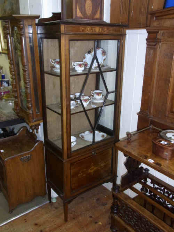 Edwardian Mahogany and Satinwood Single Door China Cabinet with fall front paper holder