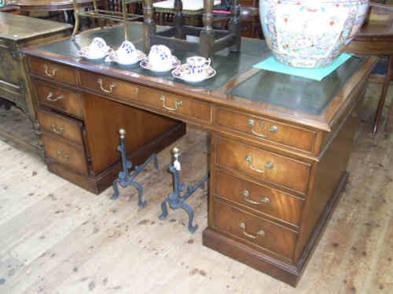 Bevan Funnell Ltd Reprodux Eight-drawer Pedestal Desk with green leather inset top, 74cm high x 158cm wide