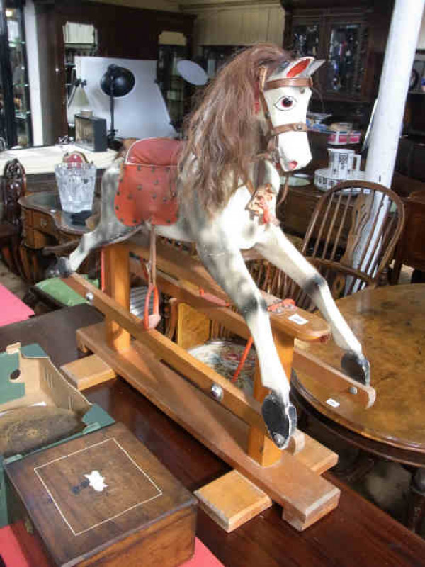 Small Leeway Dapple Grey Rocking Horse on pine safety stand