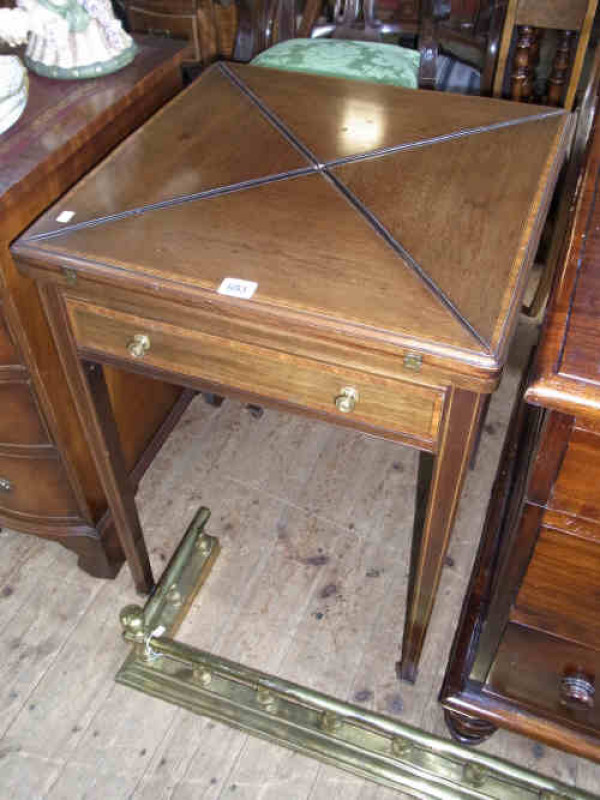 Edwardian Mahogany and Satinwood Inlaid Envelope Card Table raised on square tapering legs