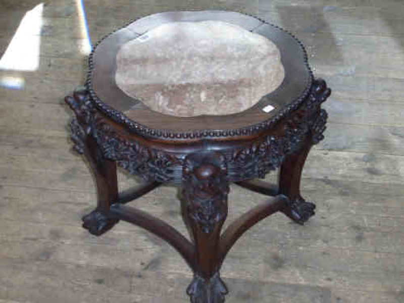 Carved Oriental Hardwood and Marble Inset Jardiniere Stand