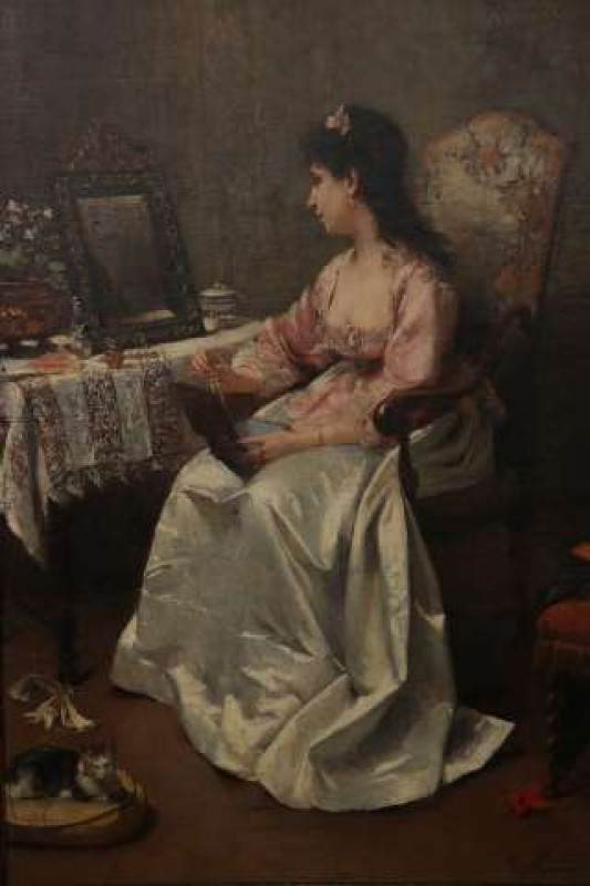 MARIE NICOLAS, LADY IN THE MIRROR, signed, oil on canvas, framed. 74cm by 52cm  Provenance: Formerly the property of Senor Don Roberto Velez Arce, Peruvian Vice-Consul to Hong Kong, appointed 1967; thence by descent.