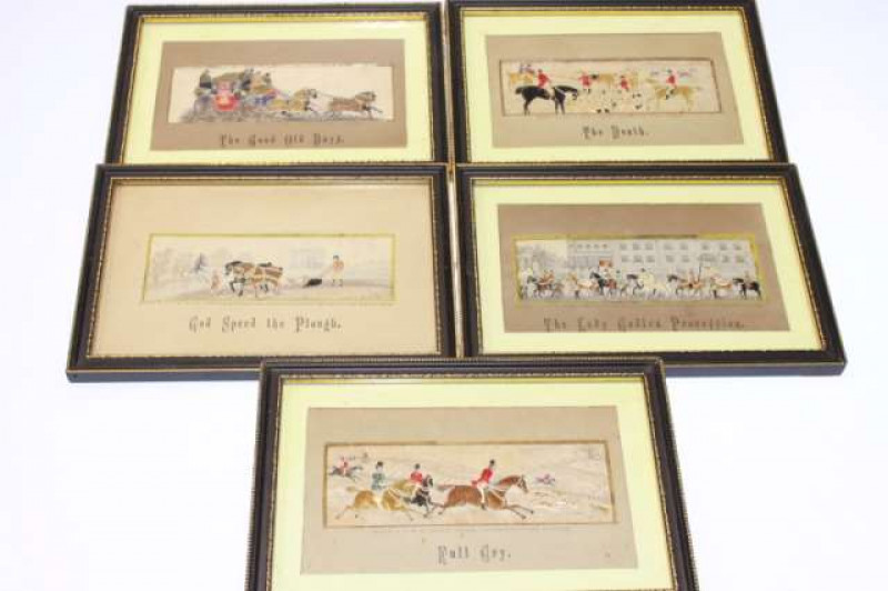 THOMAS STEVENS, A GROUP OF FIVE STEVENGRAPHS, each woven in silk, comprising 'The Lady Godiva Procession', 'The Good Old Days', 'God Speed the Plough', 'Full Cry' and 'The Death', each framed. (5) 5cm by 15cm