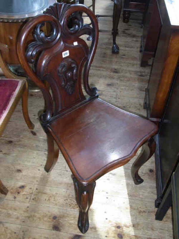 Victorian Mahogany Carved Panel Back Hall Chair with Serpentine Front Seat