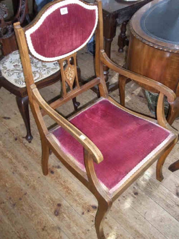 Edwardian Inlaid Mahogany Elbow Chair and Large Brass Oriental Jardiniere (2)