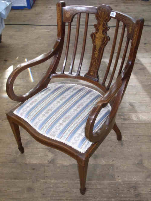 Edwardian Mahogany and Satinwood Inlaid Scroll Arm Elbow Chair