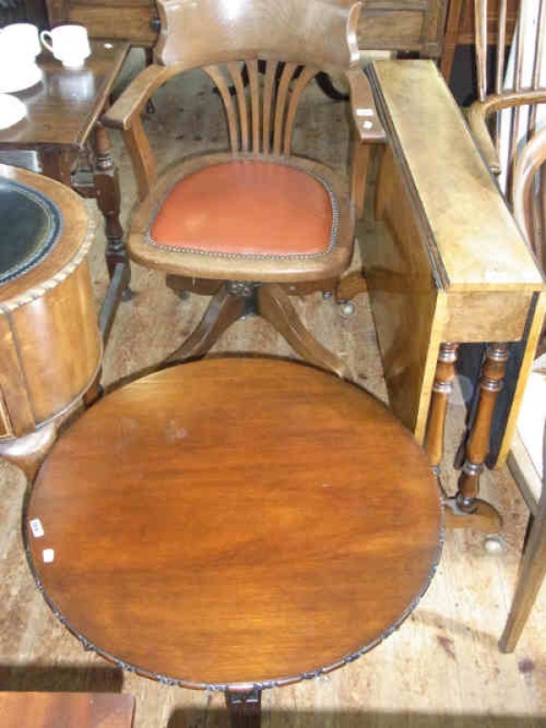 1920's Oak Desk Chair and Circular Mahogany Low Table (2)