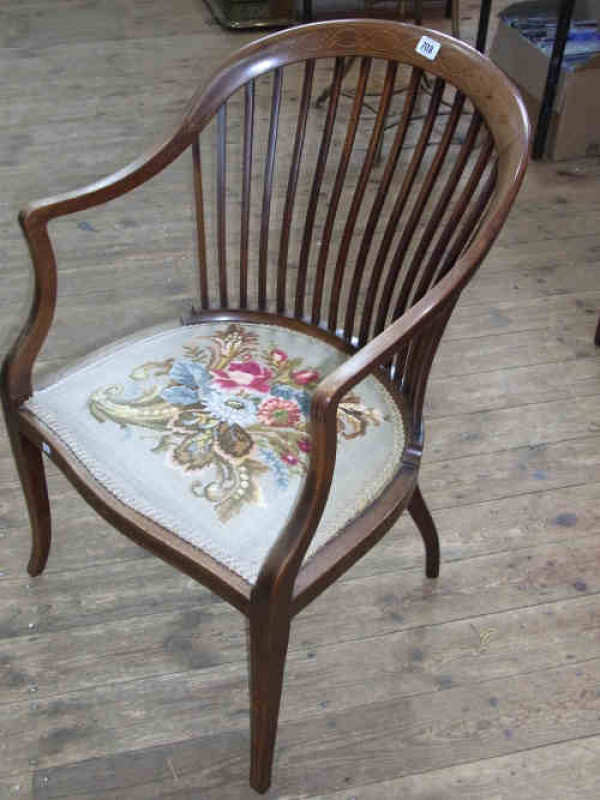 Edwardian Inlaid Mahogany Tapestry Seated Elbow Chair