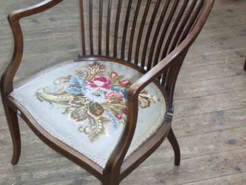 Edwardian Inlaid Mahogany Tapestry Seated Elbow Chair