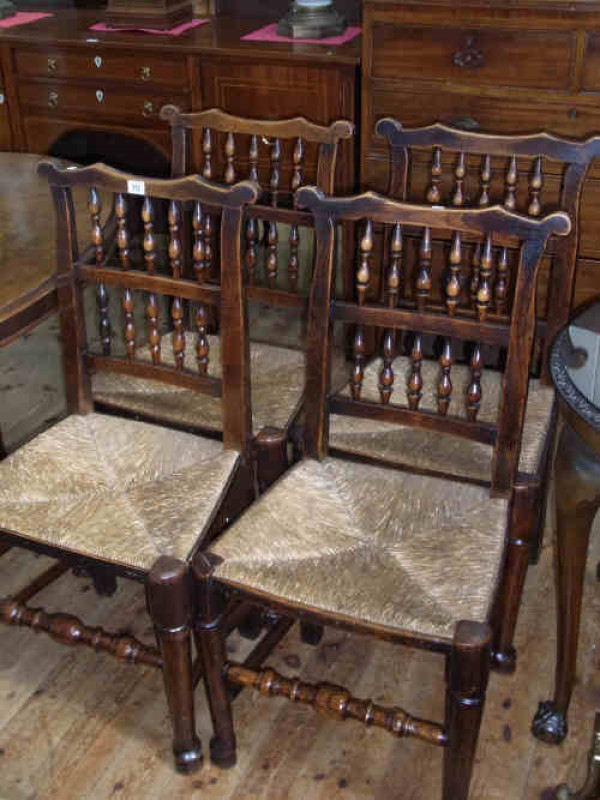 Set of Four Lancashire Style XIXth Century Oak Rush Seated Dining Chairs
