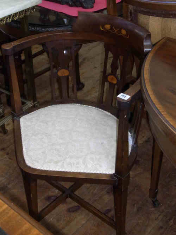 Art Nouveau Mahogany and Satinwood Inlaid Corner Elbow Chair